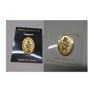 Miraculous Medal Pin (Mary) and St. Christopher Pin Gold Tone 1 inch high NEW